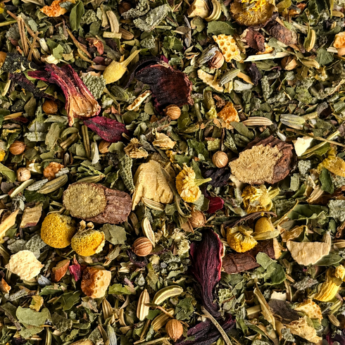 Mezcla de infusión Femme Flow de Tenté con hierbas, flores, semillas y cáscaras de naranja.